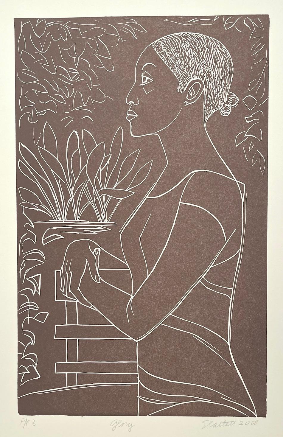 GLORY Signed Linocut, Standing Profile Portrait, Black Woman, White Line Drawing - Print by Elizabeth Catlett
