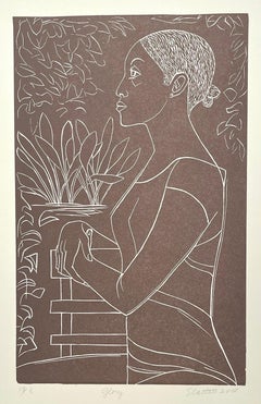 GLORY Signed Linocut, Standing Profile Portrait, Black Woman, White Line Drawing