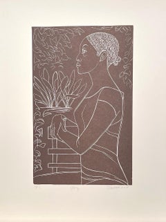 GLORY Signed Linocut, Standing Profile Portrait, Black Woman, White Line Drawing