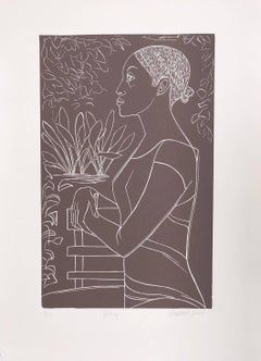 GLORY Hand Cut Linoleum Print, White Line Portrait, Female Profile, Taupe Brown