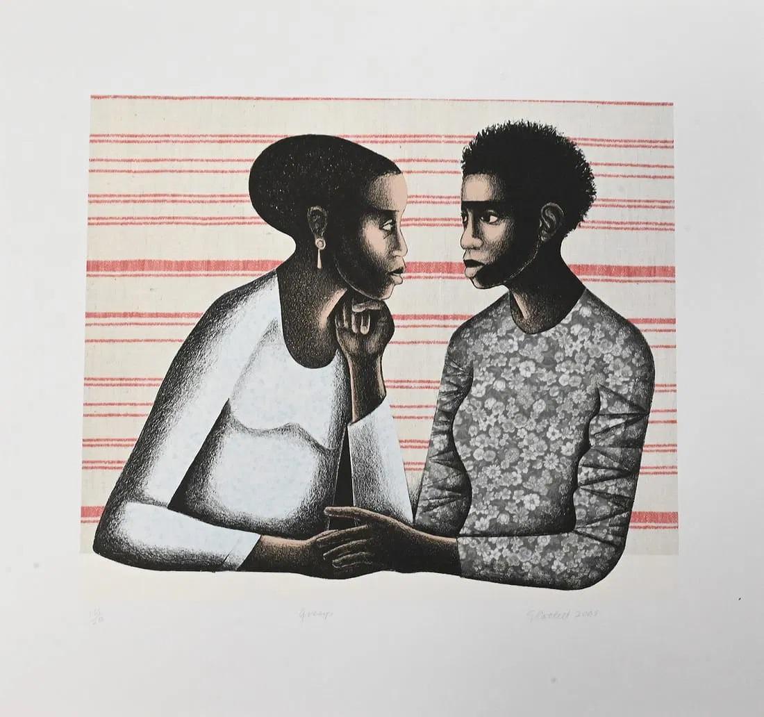Künstler : 		Elizabeth Catlett (1915-2022)
Titel : 		Klatsch und Tratsch
Medium : 	Farblithografie und Digitaldruck auf vollrandigem Somerset-Gewebe; mit Bleistift signiert, betitelt, datiert und nummeriert 155/200, mit dem Blindstempel; 15½ x 18
