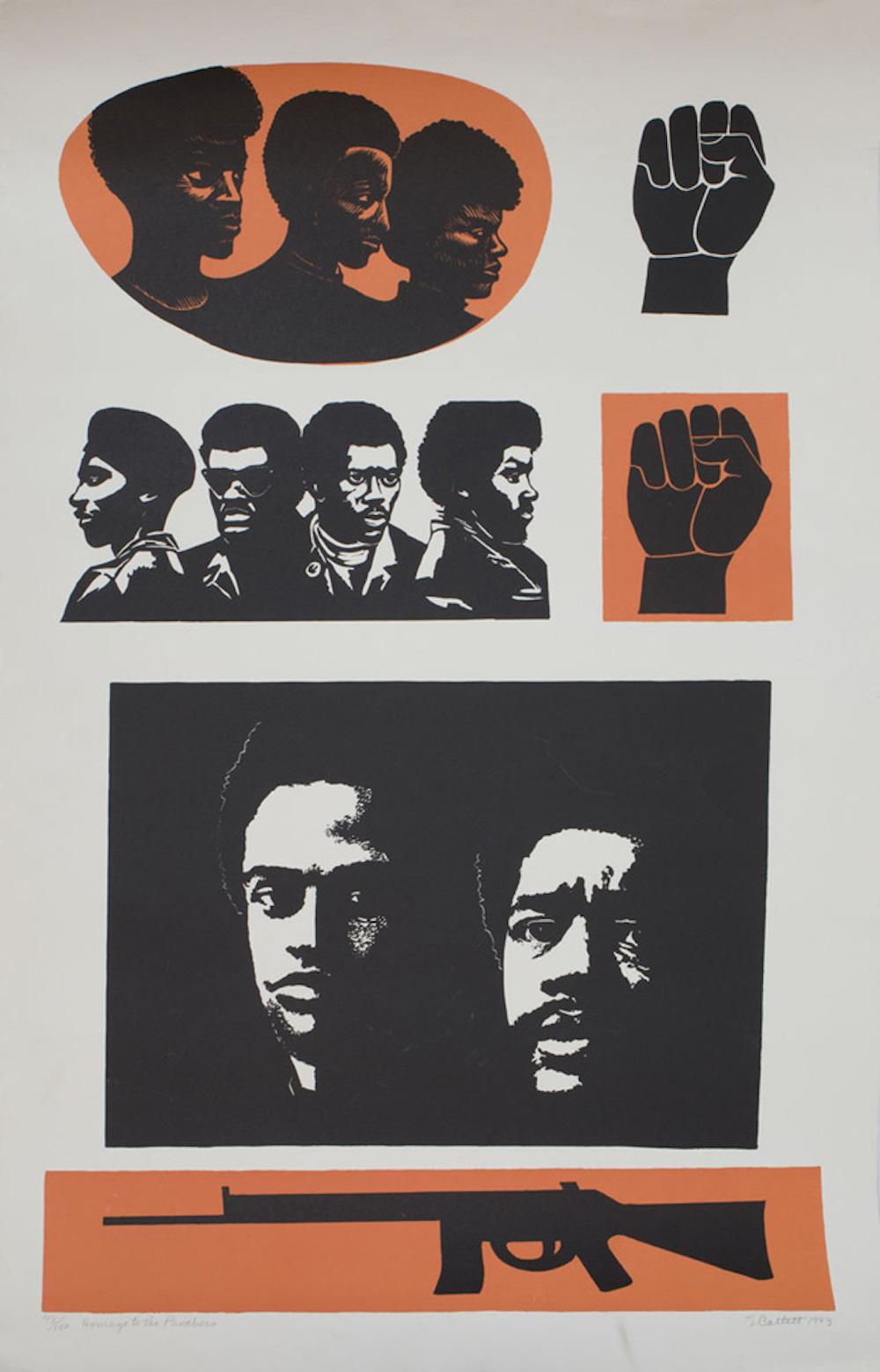 Homenaje a los Panteras, litografía firmada/n expuesta en la Liga de Estudiantes de Arte, Enmarcada - Print de Elizabeth Catlett