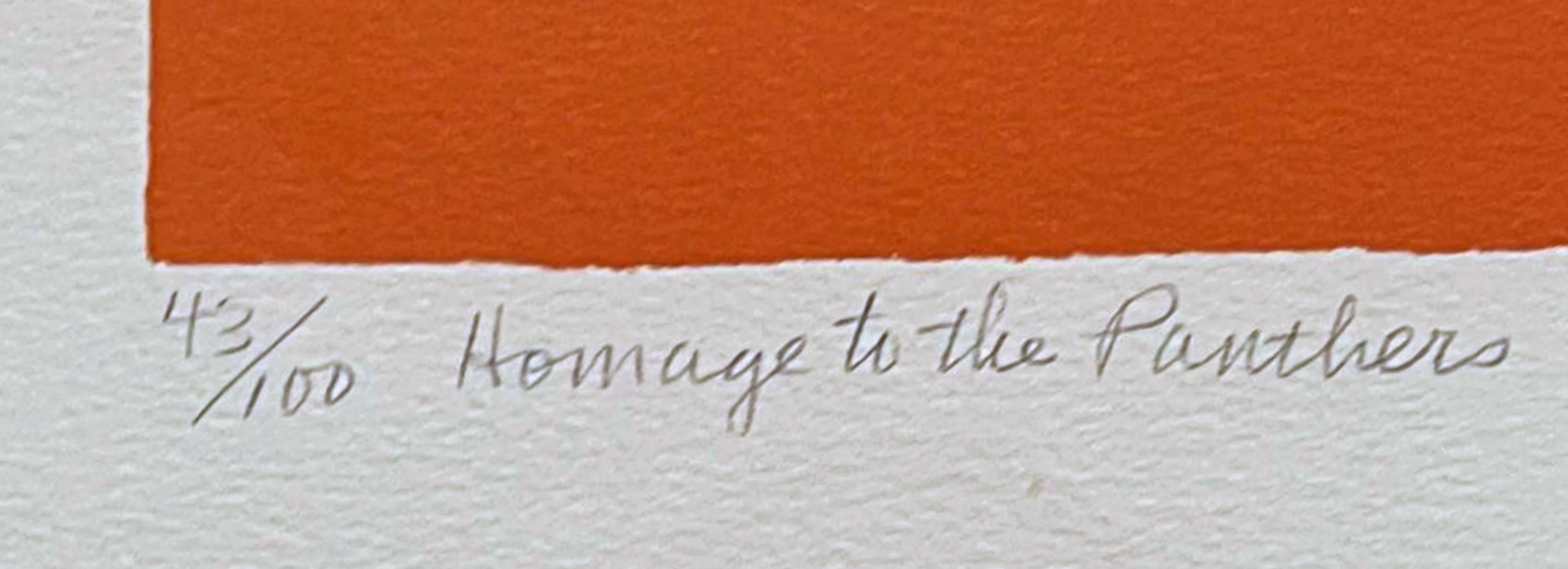 Homage to the Panthers, signierte/n Lithographie, ausgestellt in der Art Students League, gerahmt (Schwarz), Portrait Print, von Elizabeth Catlett