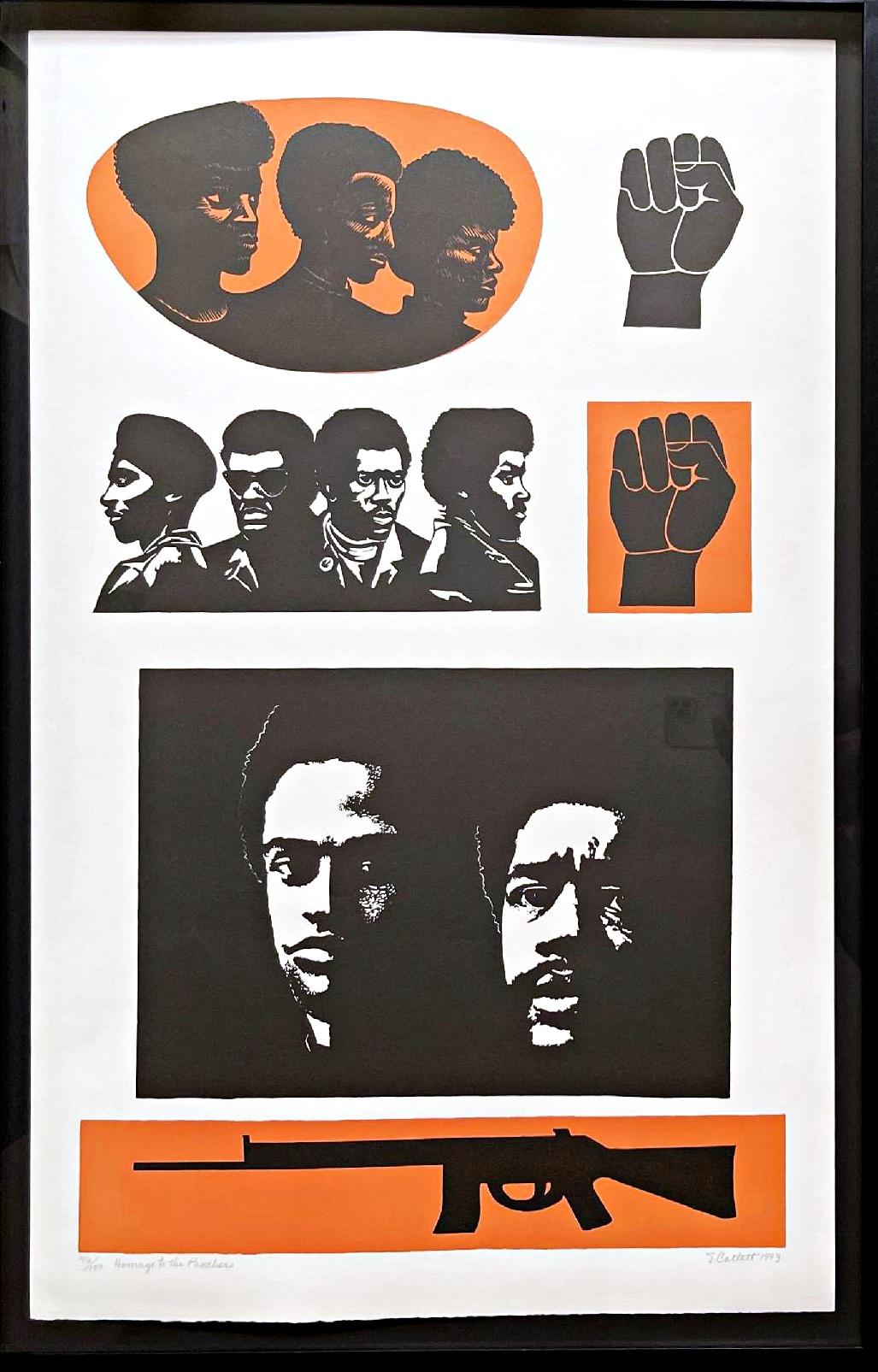 Figurative Print de Elizabeth Catlett - Homenaje a los Panteras, litografía firmada/n expuesta en la Liga de Estudiantes de Arte, Enmarcada