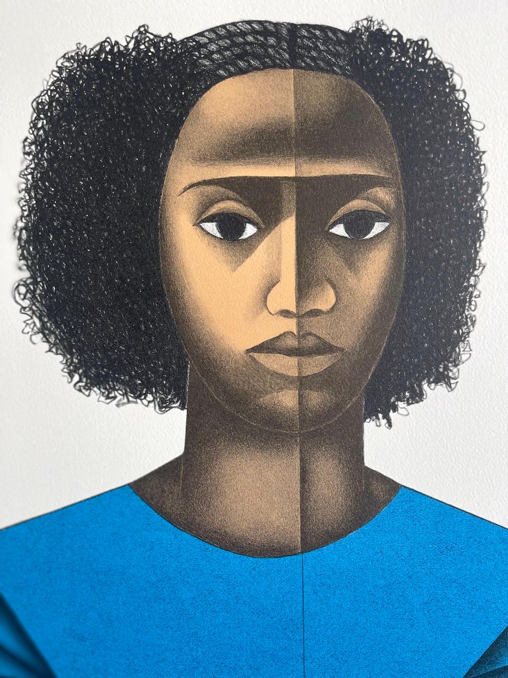 KEISHA M. Hand Drawn Lithograph, Young Black Female Portrait, Afro Hairstyle - Print by Elizabeth Catlett