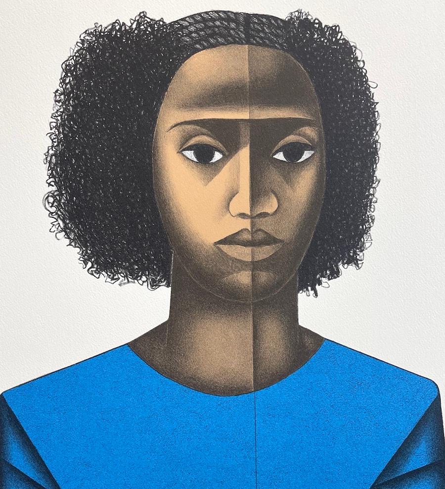KEISHA M. Litografía Dibujada a Mano, Retrato Joven Mujer Negra, Peinado Afro - Print de Elizabeth Catlett