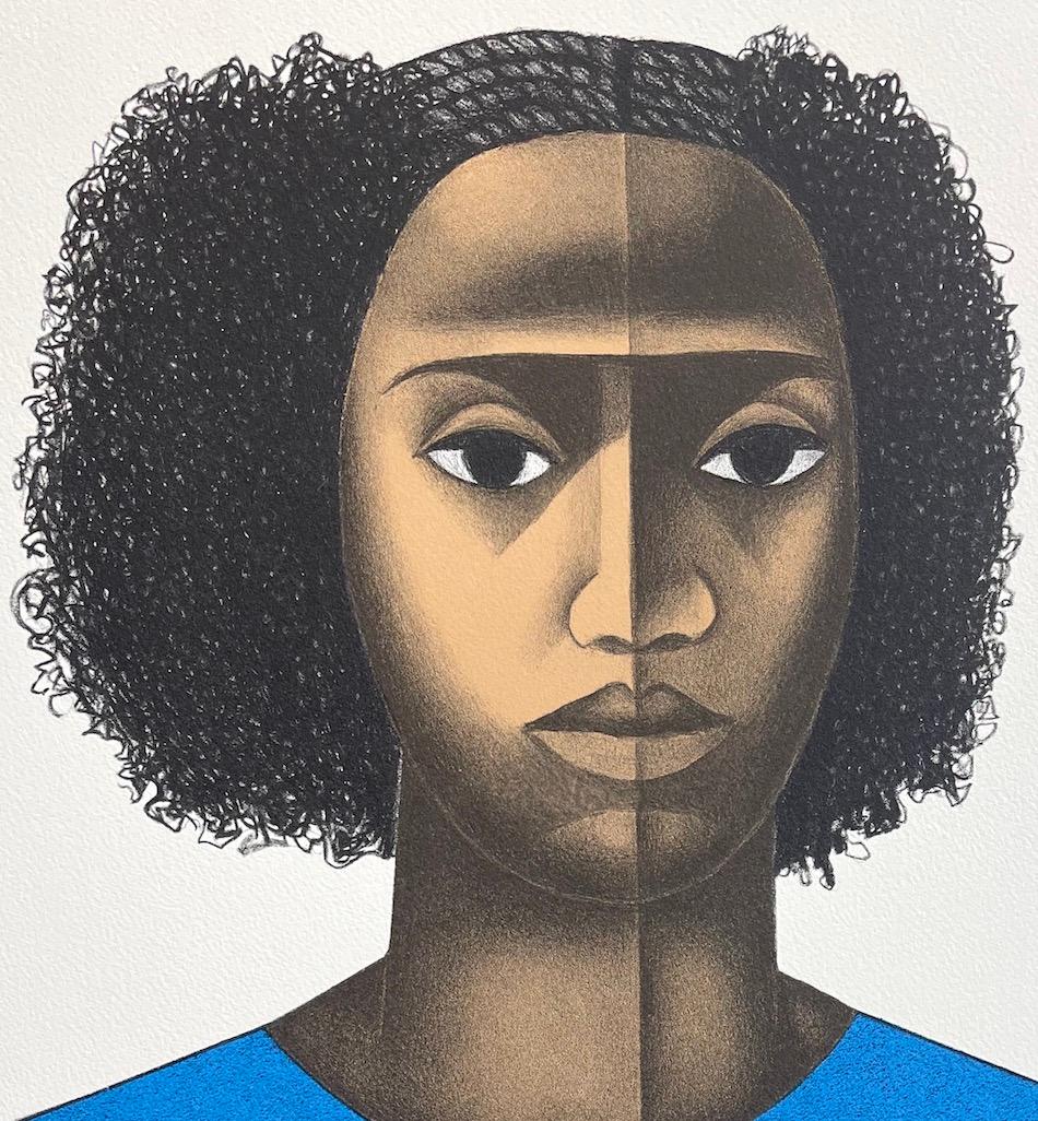 KEISHA M. Litografía Dibujada a Mano, Retrato Joven Mujer Negra, Peinado Afro - Figurative Print Negro de Elizabeth Catlett