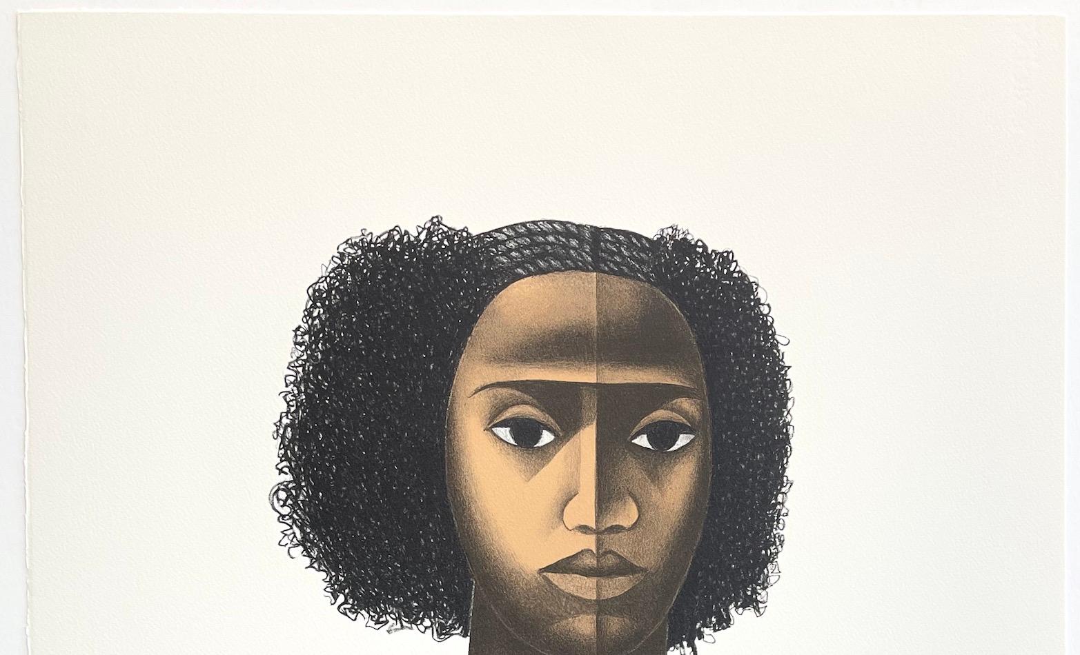 KEISHA M. es una litografía original, dibujada a mano y de edición limitada, de la célebre escultora, grabadora y pintora afroamericana Elizabeth Catlett (1915-2012), impresa mediante técnicas litográficas manuales en papel de archivo - Somerset