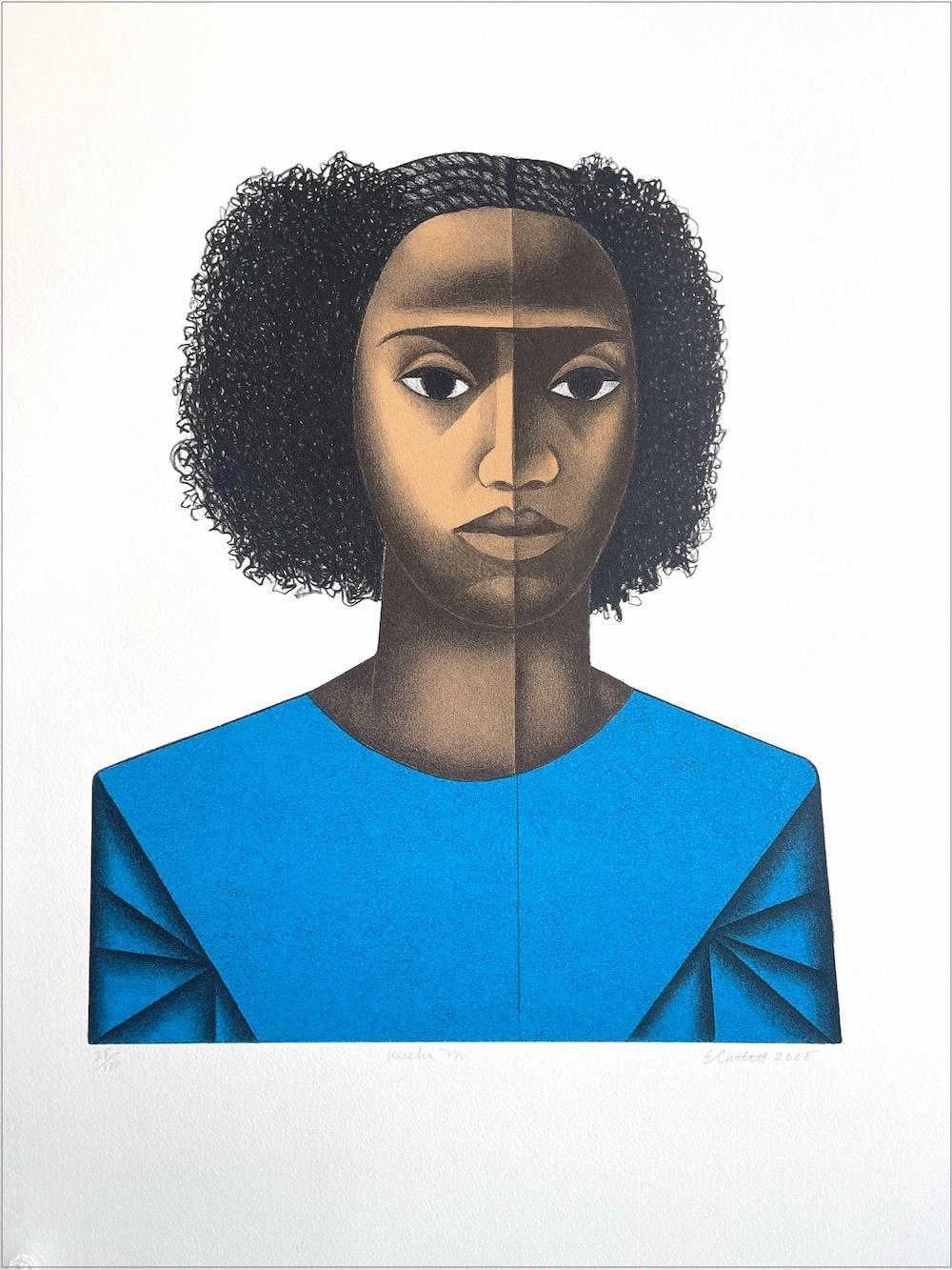 Elizabeth Catlett Figurative Print - KEISHA M. Hand Drawn Lithograph, Young Black Female Portrait, Afro Hairstyle
