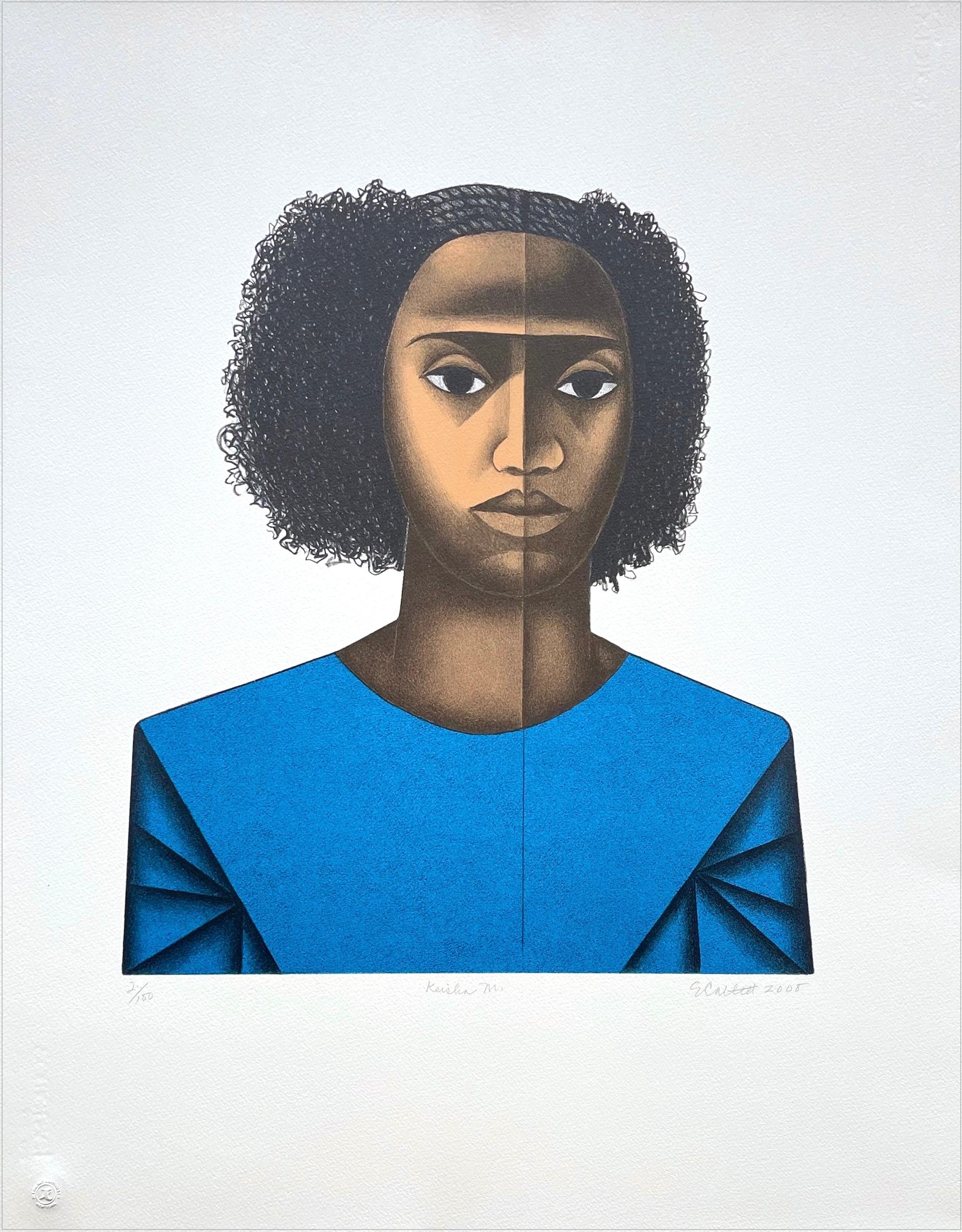 KEISHA M., lithographie dessinée à la main, portrait de jeune femme noire, style cheveux afro
