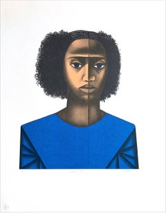 KEISHA M. Handgezeichnete Lithographie, junges schwarzes weibliches Porträt, Afro-Haarstil