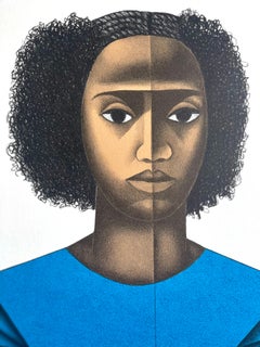 KEISHA M. Hand Drawn Lithograph, Young Black Woman Face Portrait Afro Hairstyle