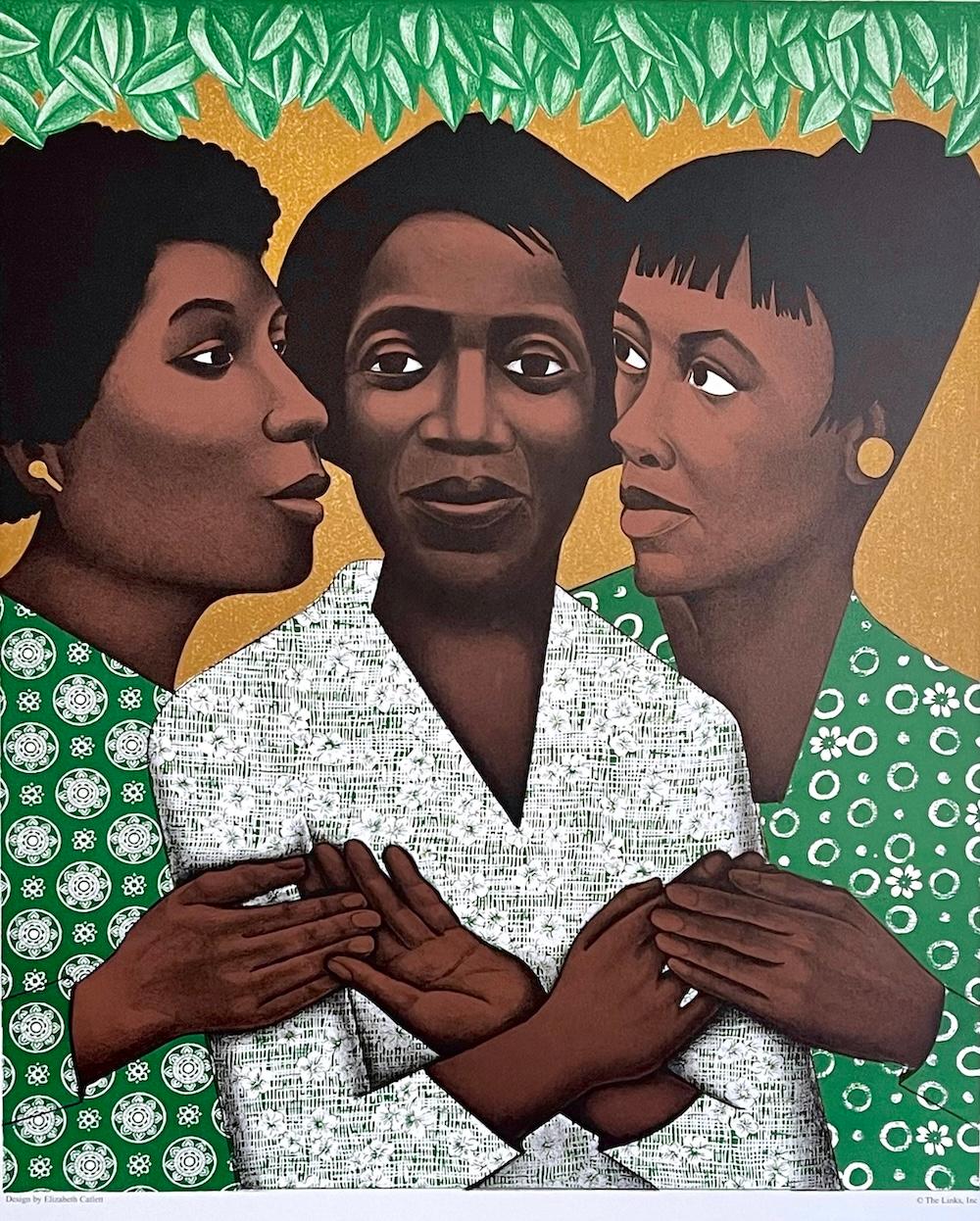 LINKS TOGETHER Litografía original 1996 Póster artístico conmemorativo, Mujeres negras - Print de Elizabeth Catlett