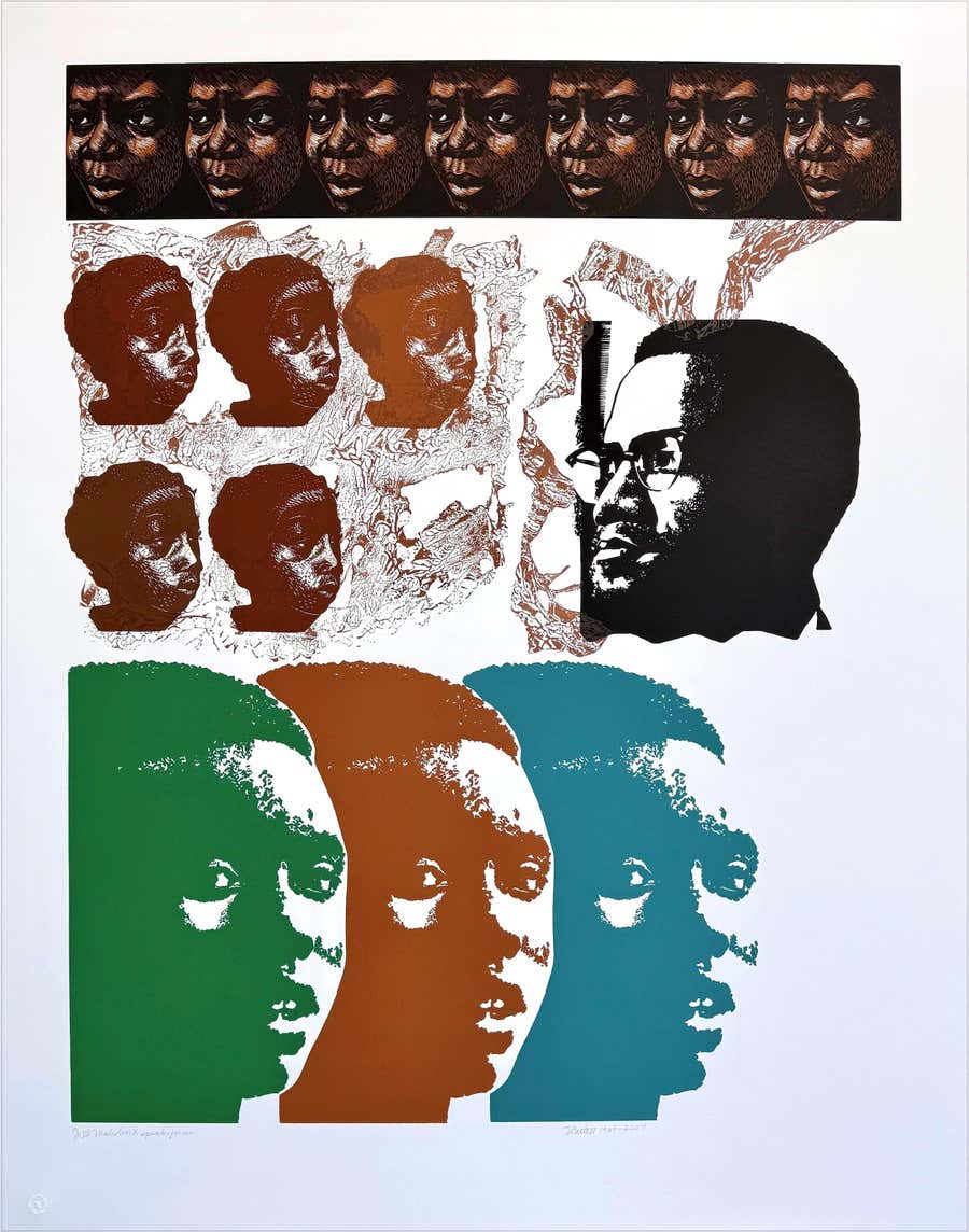 MALCOLM X SPEAKS FOR US Signed Linocut Portrait Head Black Activist Civil Rights