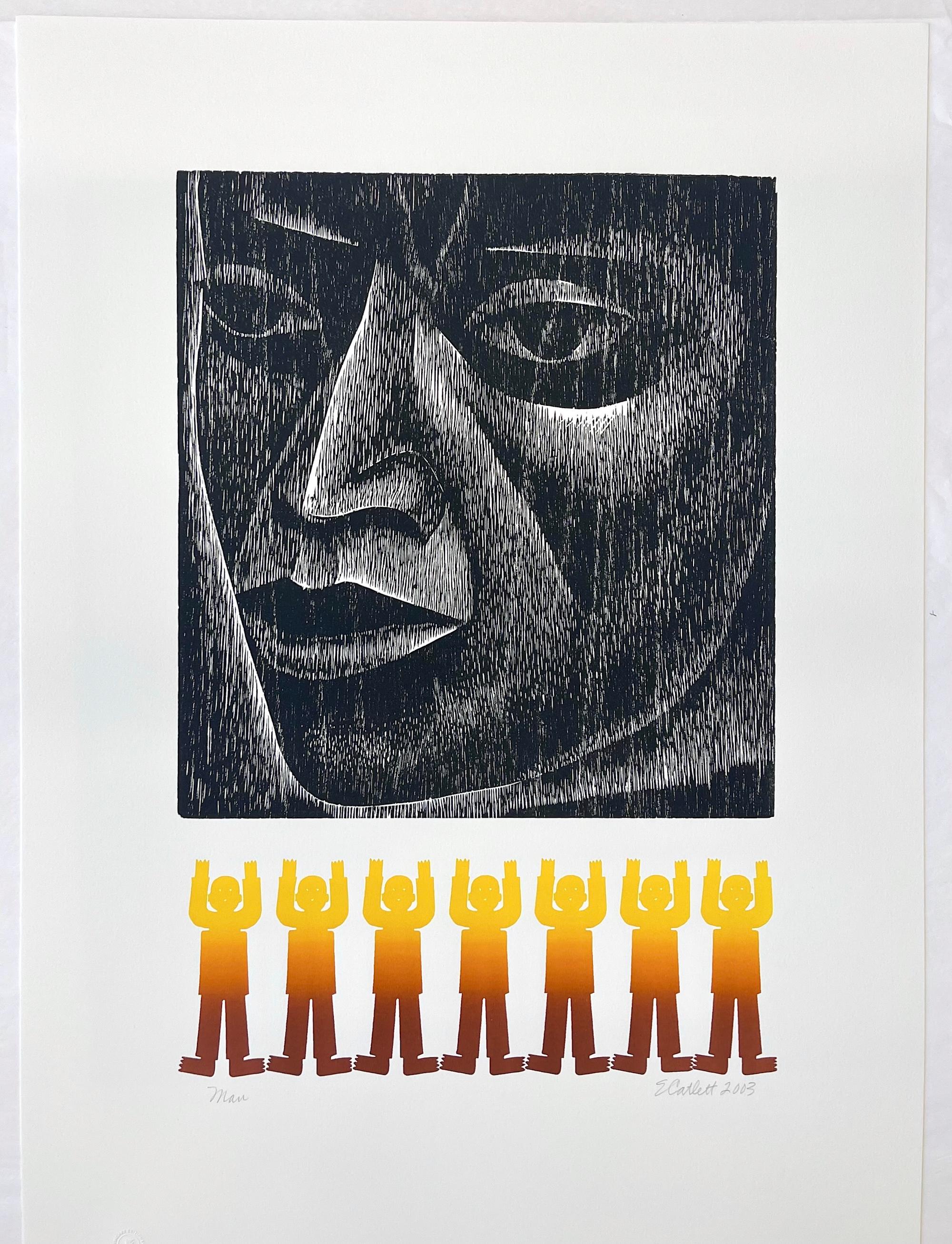 MAN Signed Woodcut, Ethnic Face Portrait, Standing Figures, Mexican Culture For Sale 5