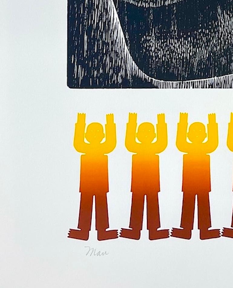 MAN Signed Woodcut, Ethnic Face Portrait, Standing Figures, Mexican Culture For Sale 2