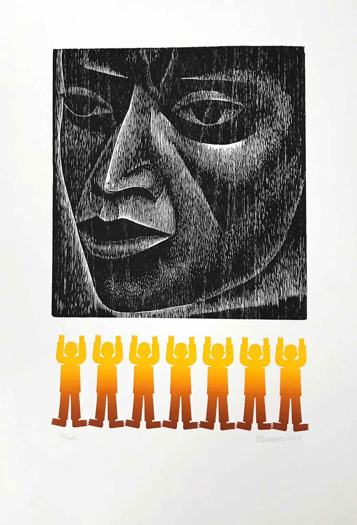 Elizabeth Catlett Figurative Print - MAN Signed Woodcut, Ethnic Face Portrait, Standing Figures, Mexican Culture