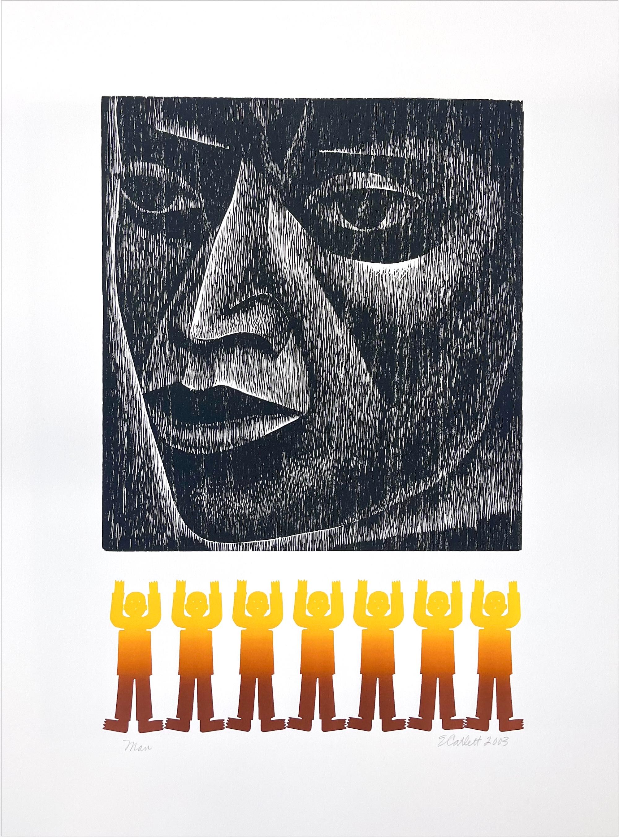 MAN Woodcut firmato, Ritratto di volto etnico, Figure in piedi, Cultura messicana