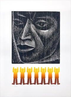 MAN Woodcut firmato, Ritratto di volto etnico, Figure in piedi, Cultura messicana