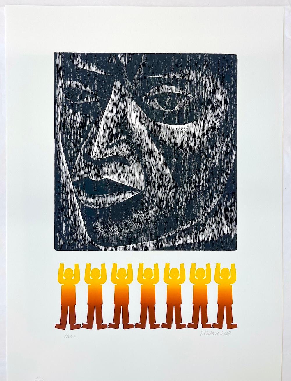 MAN Woodcut firmato, ritratto del volto, persone ritagliate con bambole di carta, cultura messicana - Figurative Print Beige di Elizabeth Catlett