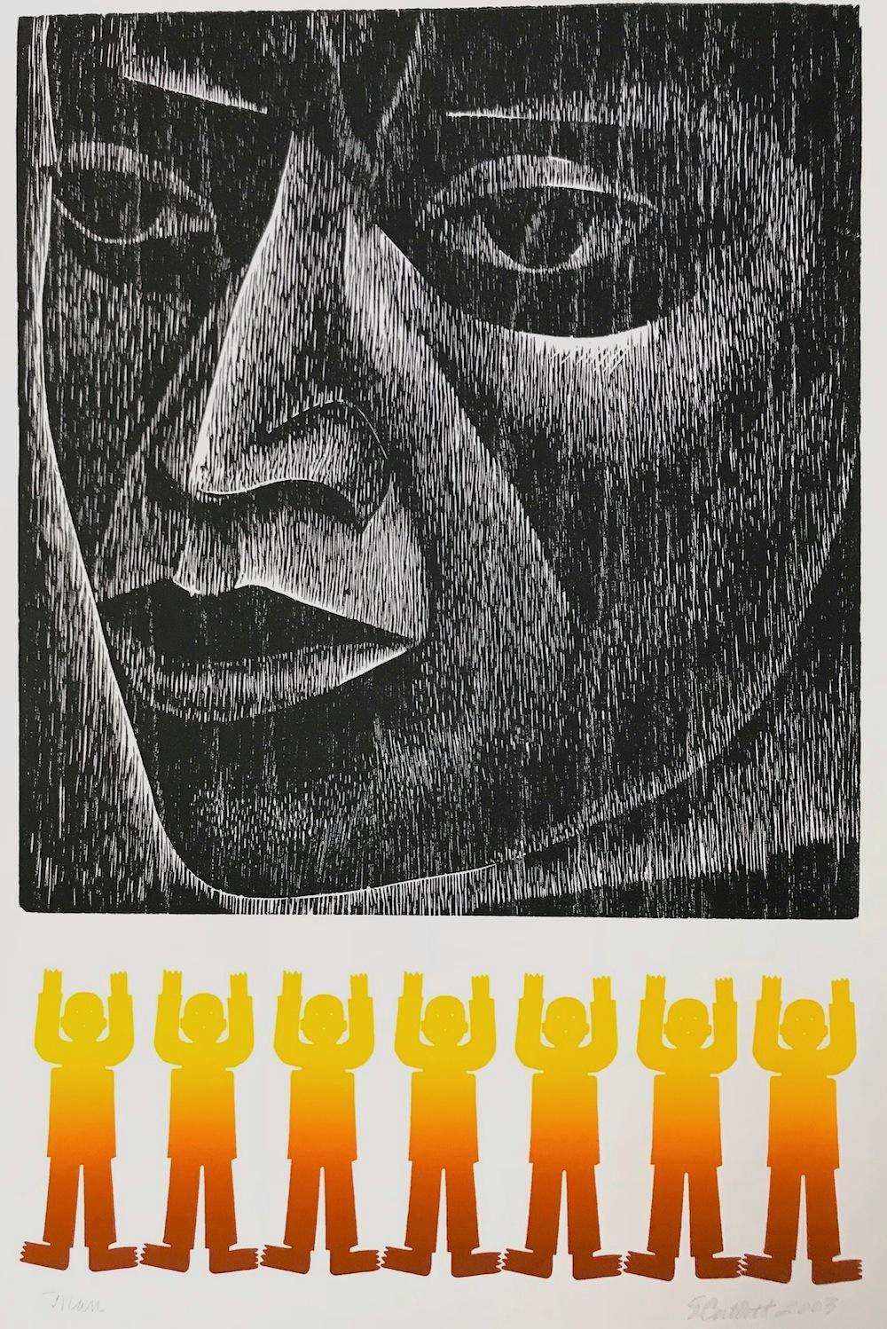 MAN Signed Woodcut, Face Portrait, Paper-Doll Cutout People, Mexican Culture - Print by Elizabeth Catlett