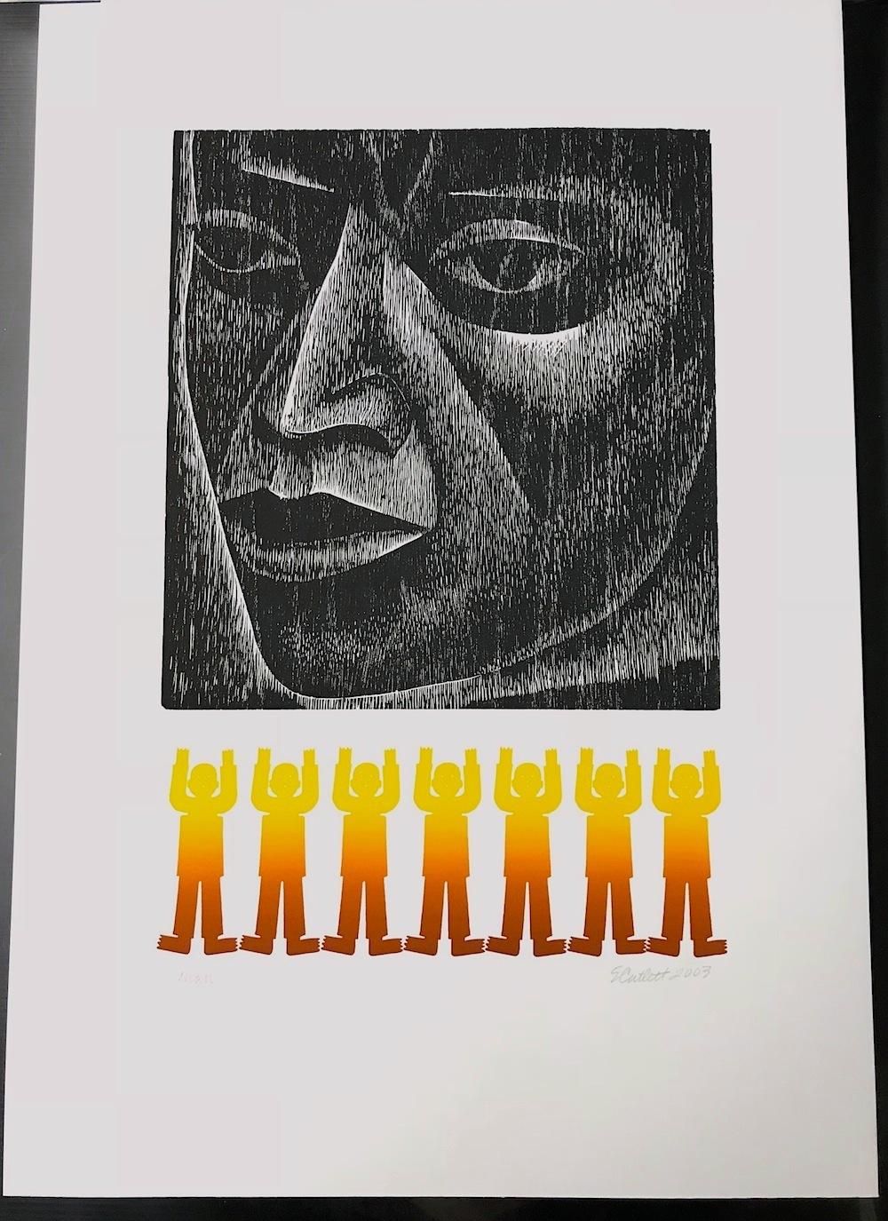 MAN, Signed Woodcut, Indigenous Portrait Head, Mexican Culture - Beige Portrait Print by Elizabeth Catlett