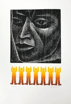 MAN, Signed Woodcut, Indigenous Portrait Head, Mexican Culture