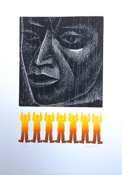 MAN, Signed Woodcut, Mexican Culture