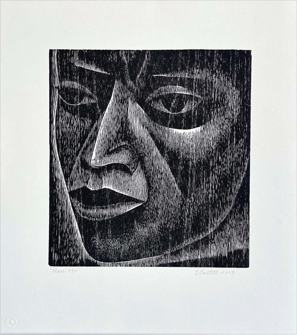 MAN Signed Woodcut Print, Trial Proof, Black Ink on White Paper, 2003