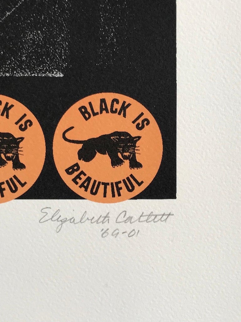 NEGRO ES BELLO II is an original limited edition lithograph created by the African-American woman printmaker and sculptor, Elizabeth Catlett using hand printmaking techniques on archival printmaking paper, 100% acid free. Pencil signed, titled,