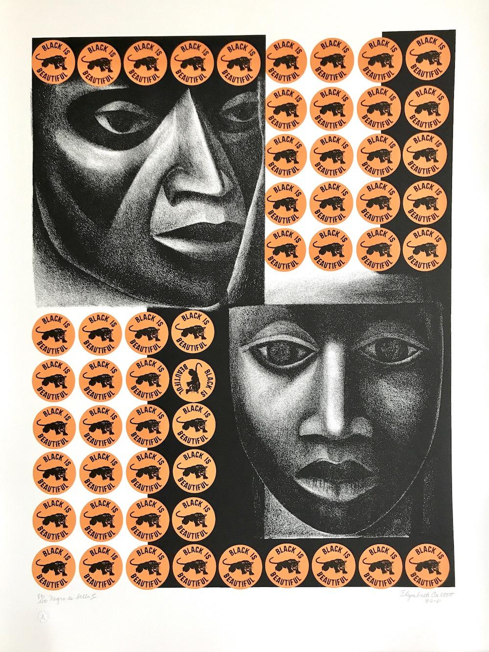 Elizabeth Catlett Portrait Print - NEGRO ES BELLO II Signed Lithograph, Black Is Beautiful, Black Panther Logo