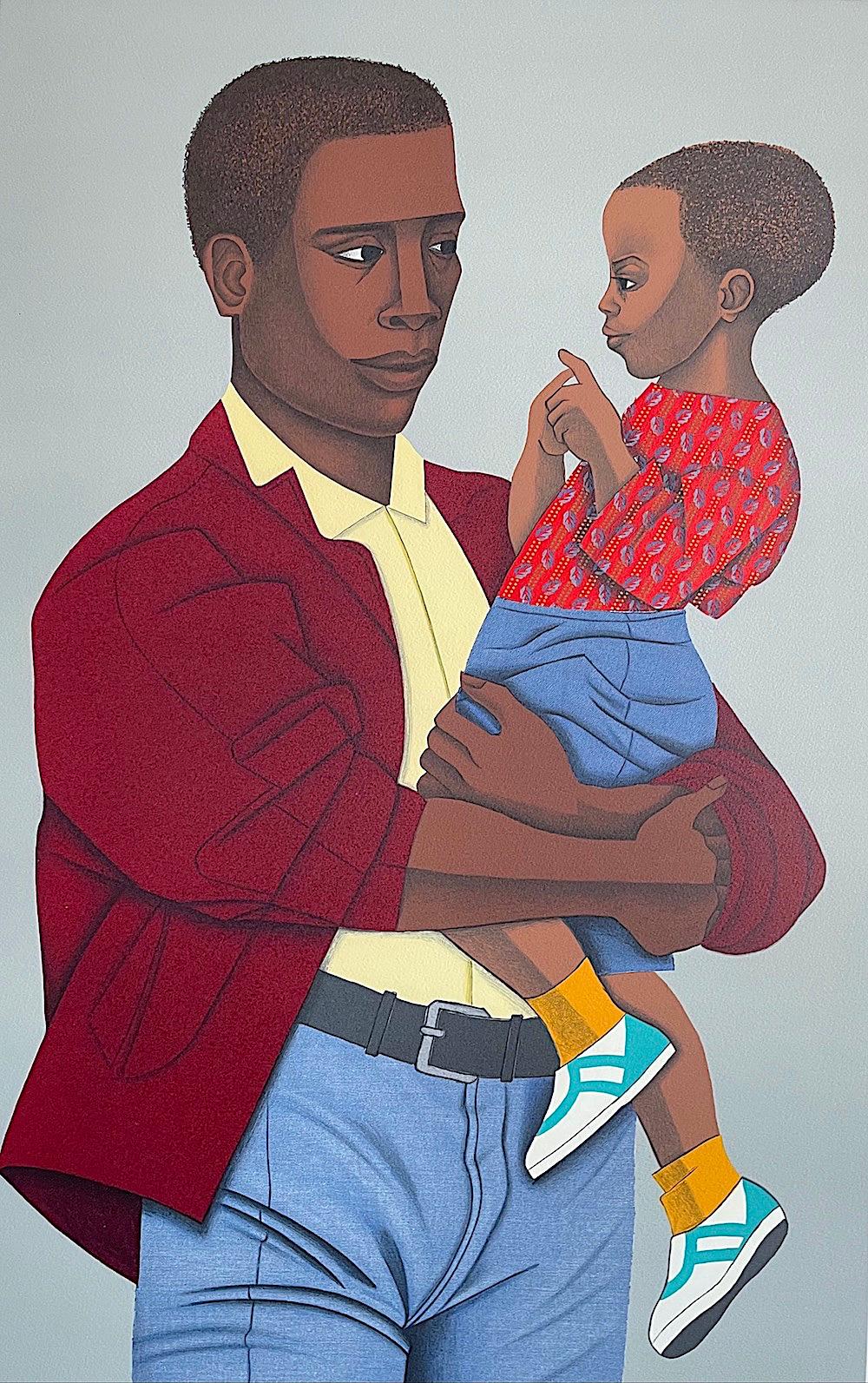 NEW GENERATION Signed Lithograph, Black Father Holding Son, Family Portrait - Print by Elizabeth Catlett