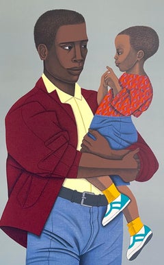NEW GENERATION Signed Lithograph, Black Father Holding Son, Family Portrait