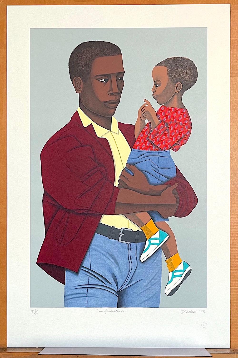 NEW GENERATION, signierte Lithographie, Schwarzer Vater, der seinen Sohn hält, Familienporträt im Angebot 1