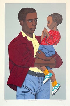 Retro NEW GENERATION Signed Lithograph, Black Father Holding Son, Family Portrait