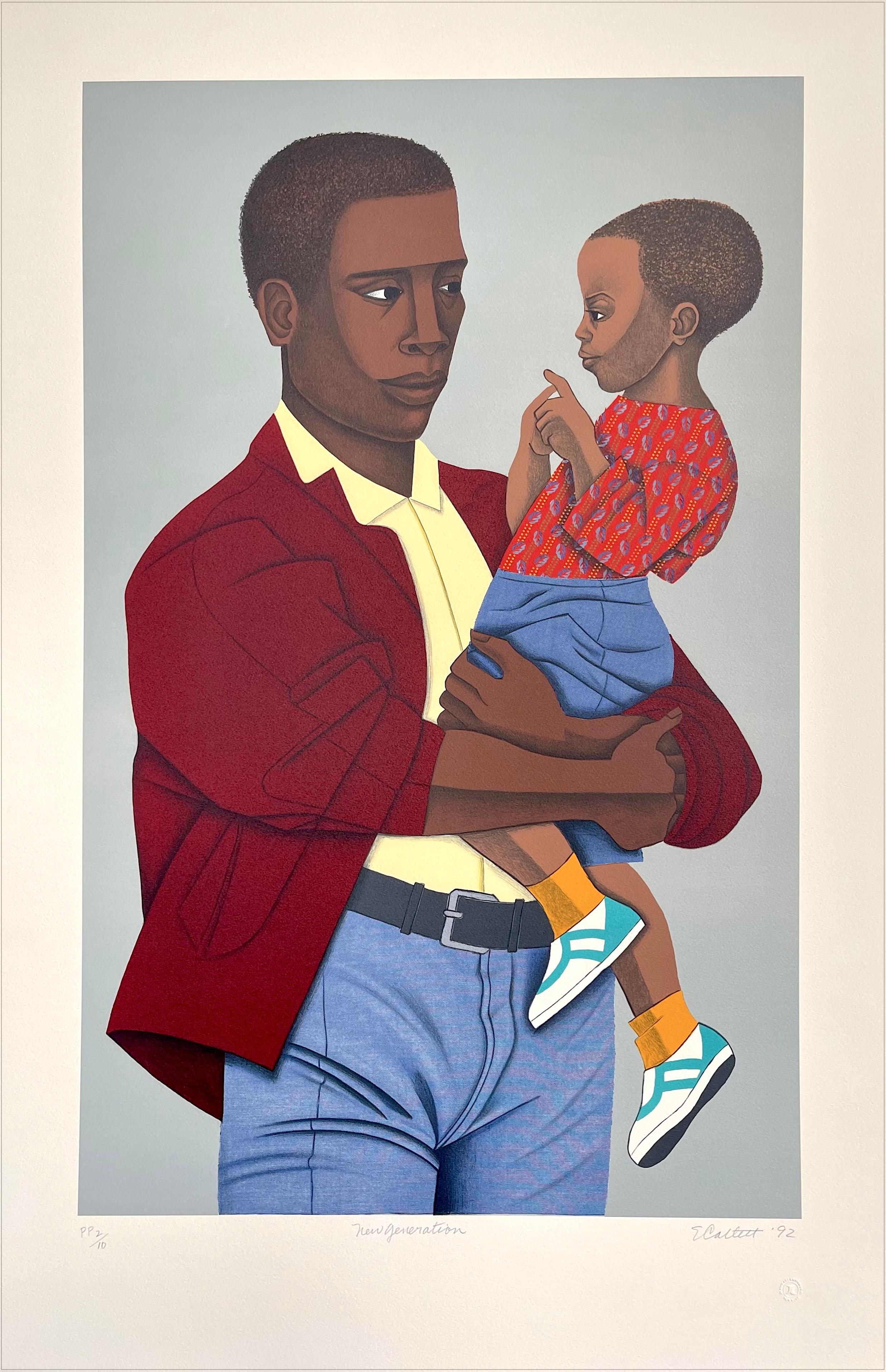 NOUVELLE GENERATION Lithographie signée, père noir tenant son fils, portrait de famille