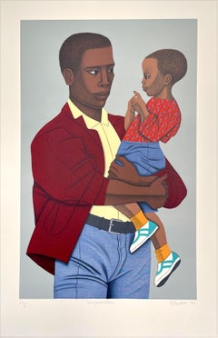 NEW GENERATION Signed Lithograph, Black Father Holding Son, Family Portrait