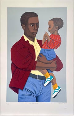 NEW GENERATION Signed Lithograph, Black Father Holding Son, Family Portrait