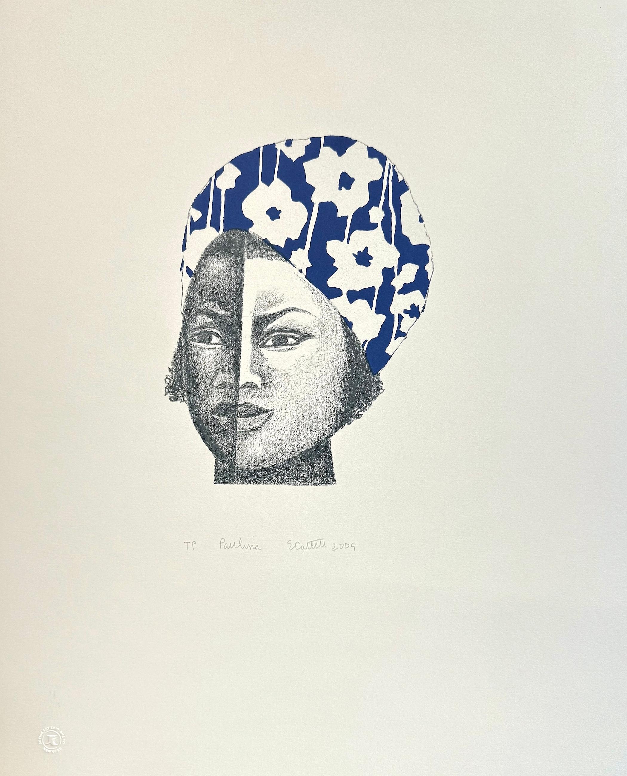 PAULINA Signierte Original-Lithographie, Junges schwarzes Mädchen mit blau-weißem Kopfschmuck – Print von Elizabeth Catlett