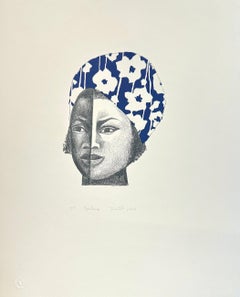 PAULINA Signed Original Lithograph, Young Black Girl in Blue and White Head Wrap