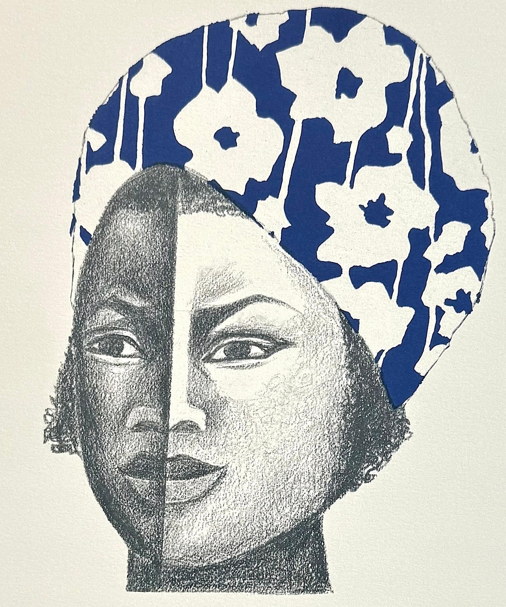 PAULINA Signierte Original-Lithographie, Junges schwarzes Mädchen mit blau-weißem Kopfschmuck (Zeitgenössisch), Print, von Elizabeth Catlett