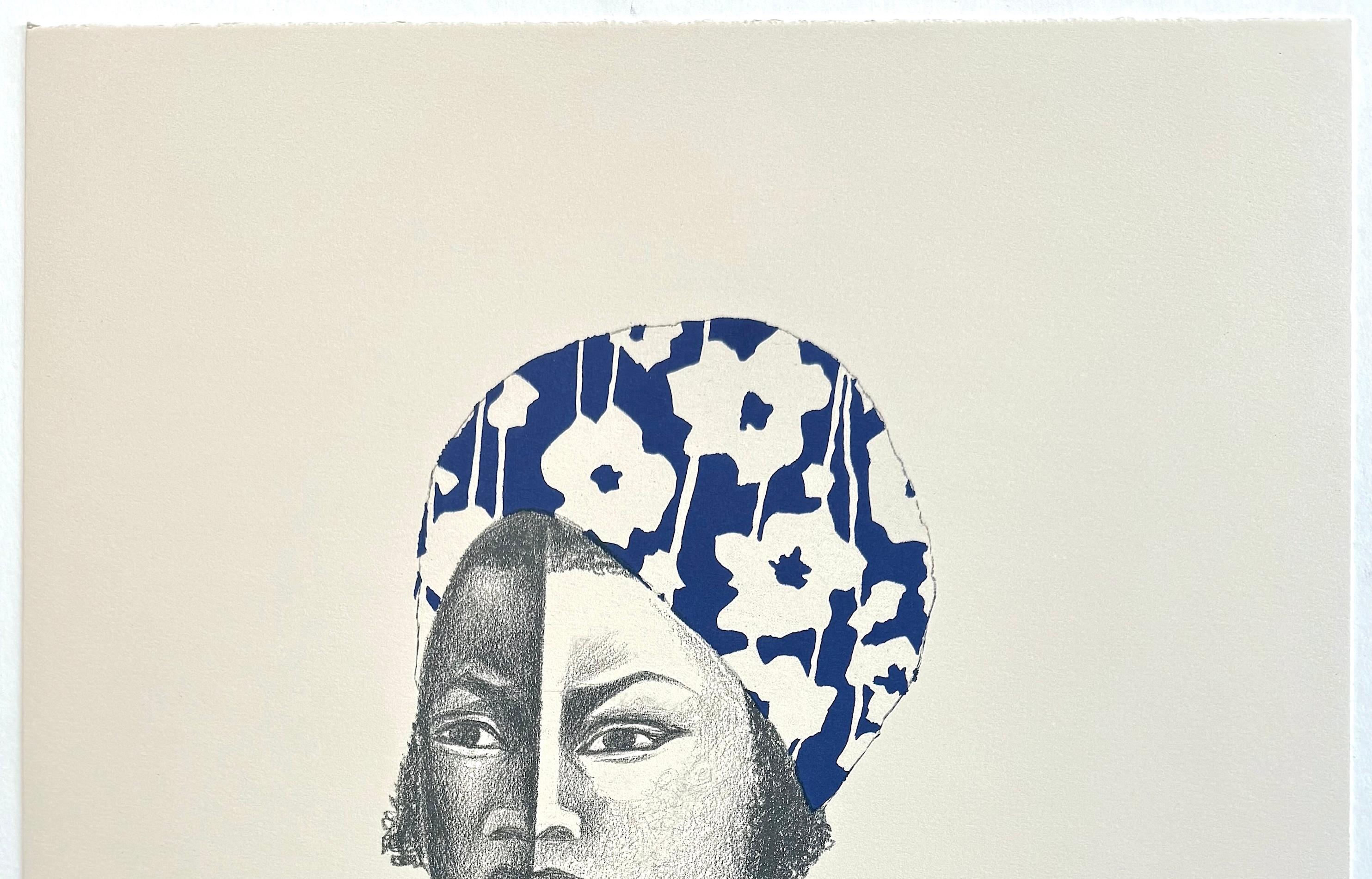 PAULINA Signierte Original-Lithographie, Junges schwarzes Mädchen mit blau-weißem Kopfschmuck (Beige), Portrait Print, von Elizabeth Catlett