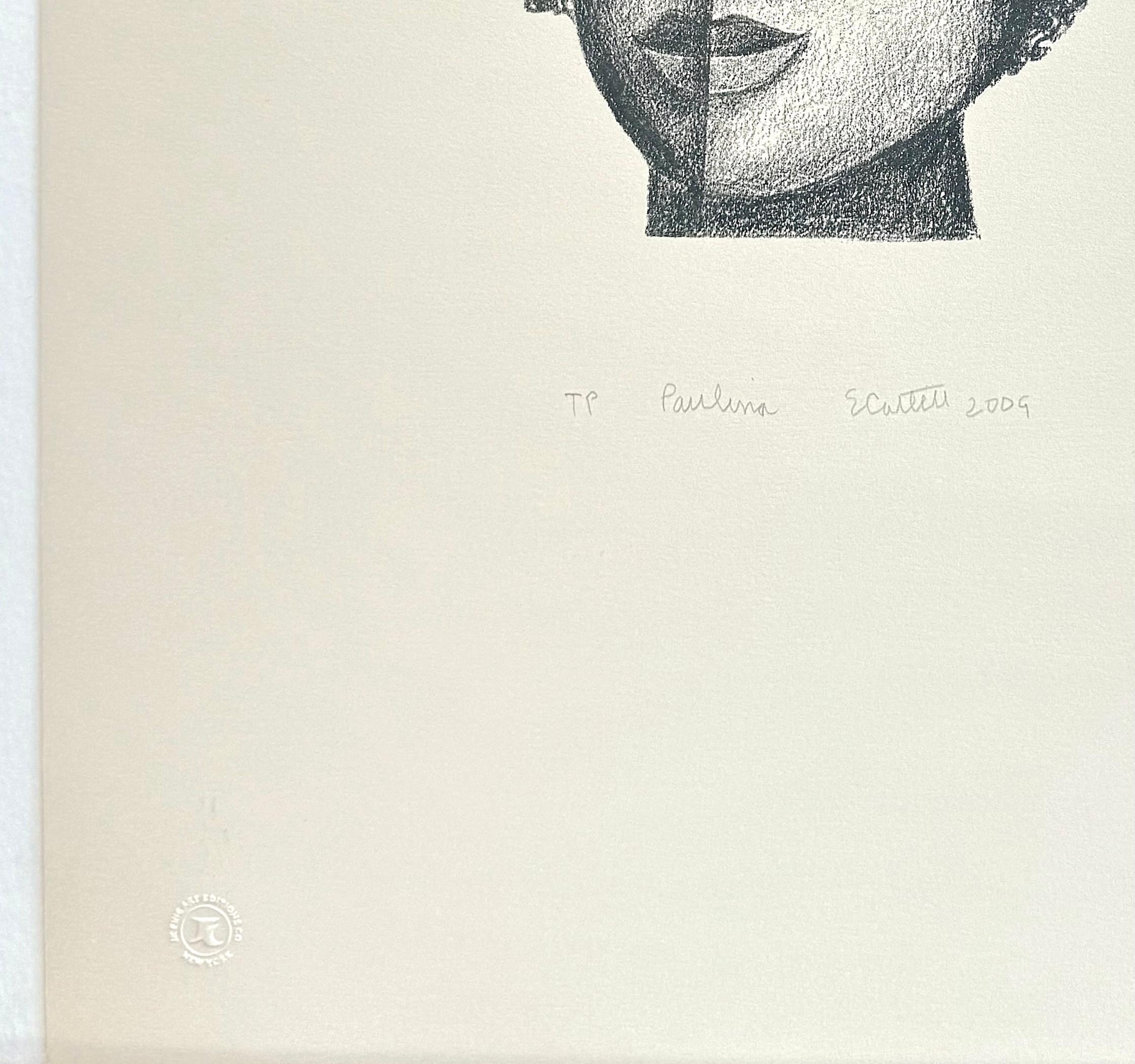 PAULINA Signierte Original-Lithographie, Junges schwarzes Mädchen mit blau-weißem Kopfschmuck im Angebot 1