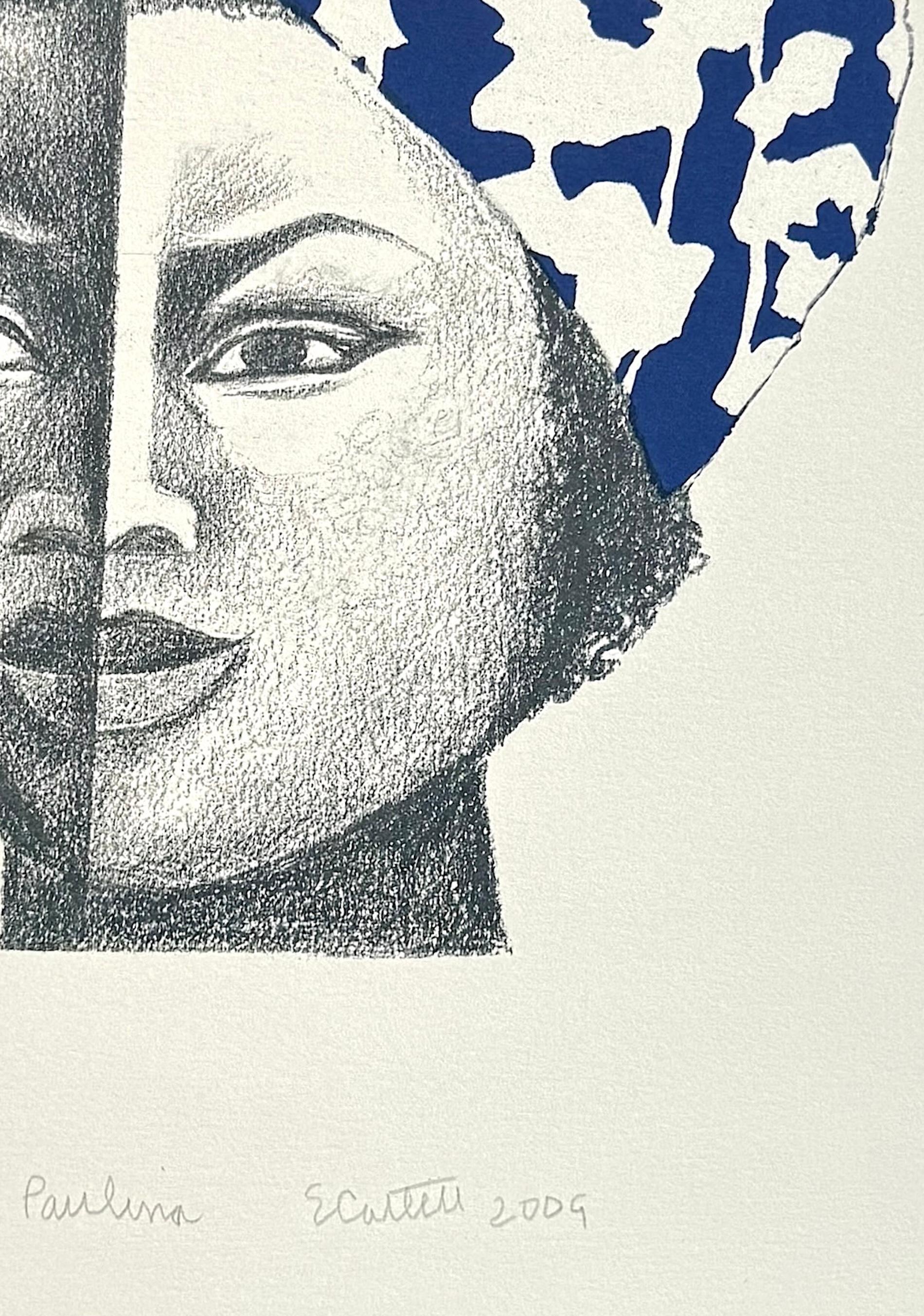 PAULINA Signierte Original-Lithographie, Junges schwarzes Mädchen mit blau-weißem Kopfschmuck im Angebot 2