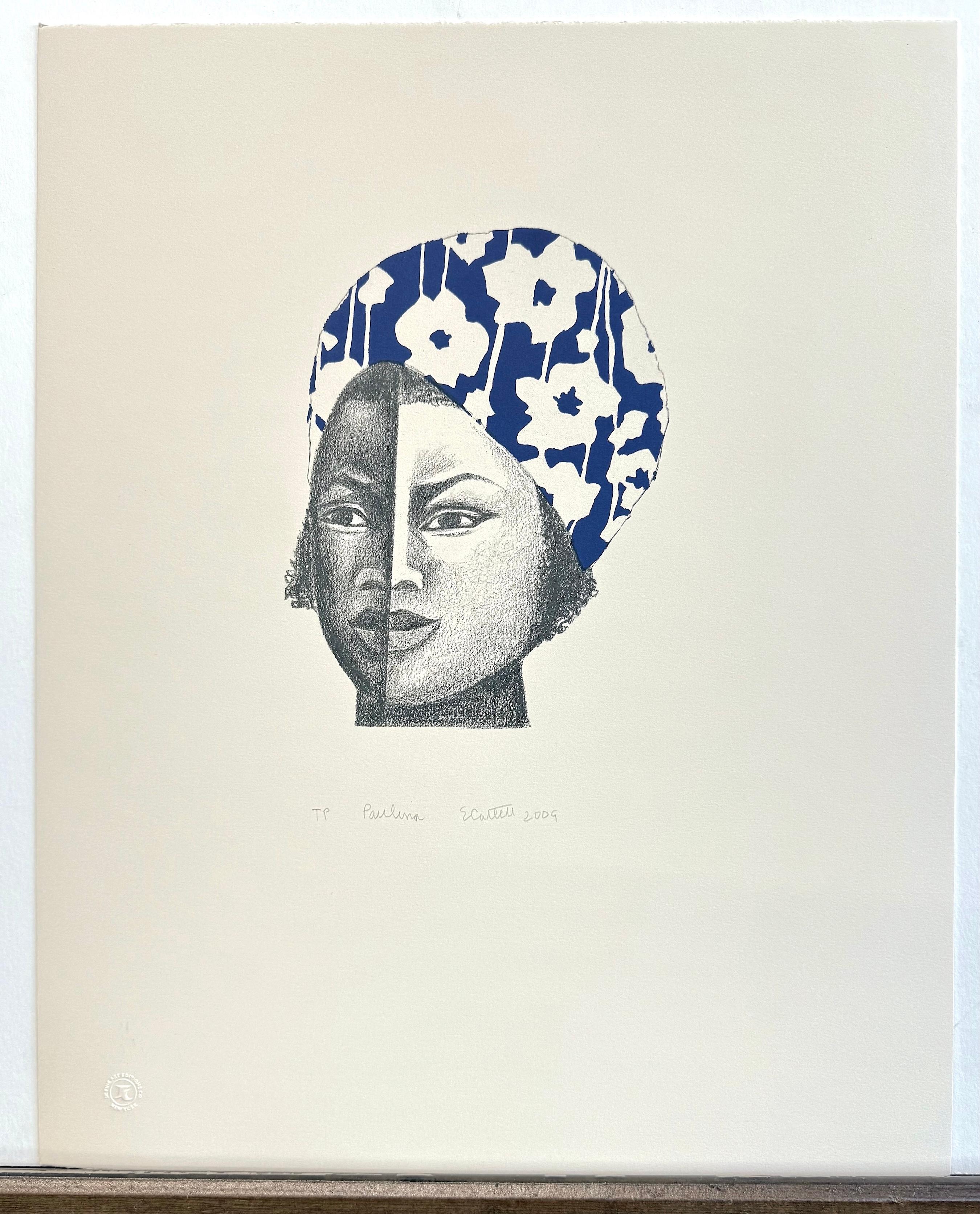 PAULINA Signierte Original-Lithographie, Junges schwarzes Mädchen mit blau-weißem Kopfschmuck im Angebot 3