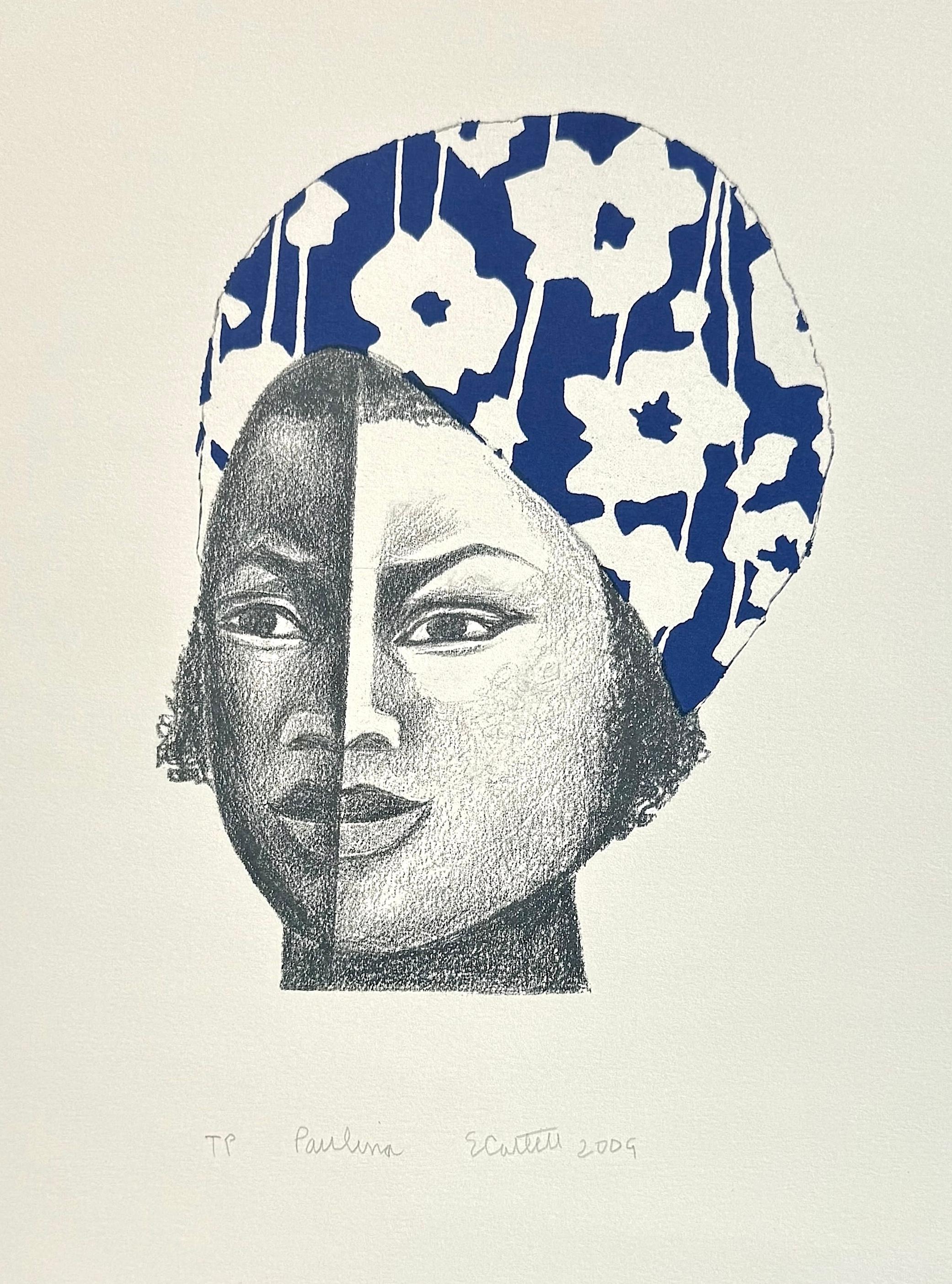 PAULINA Signed Original Lithograph, Young Black Girl in Blue and White Head Wrap