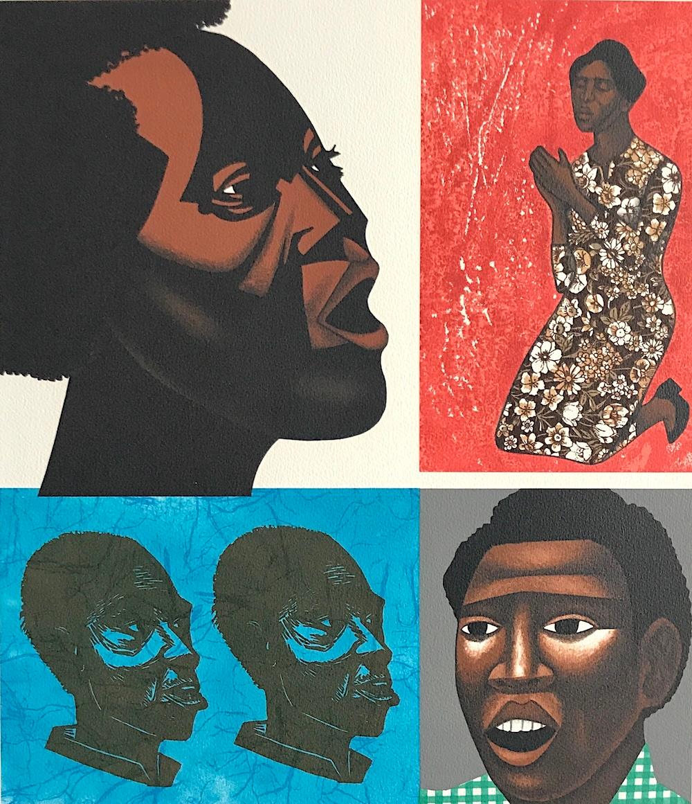 SINGING THE THEIR SONGS Litografia firmata, ritratto grafico di teste, cultura nera - Print Contemporaneo di Elizabeth Catlett