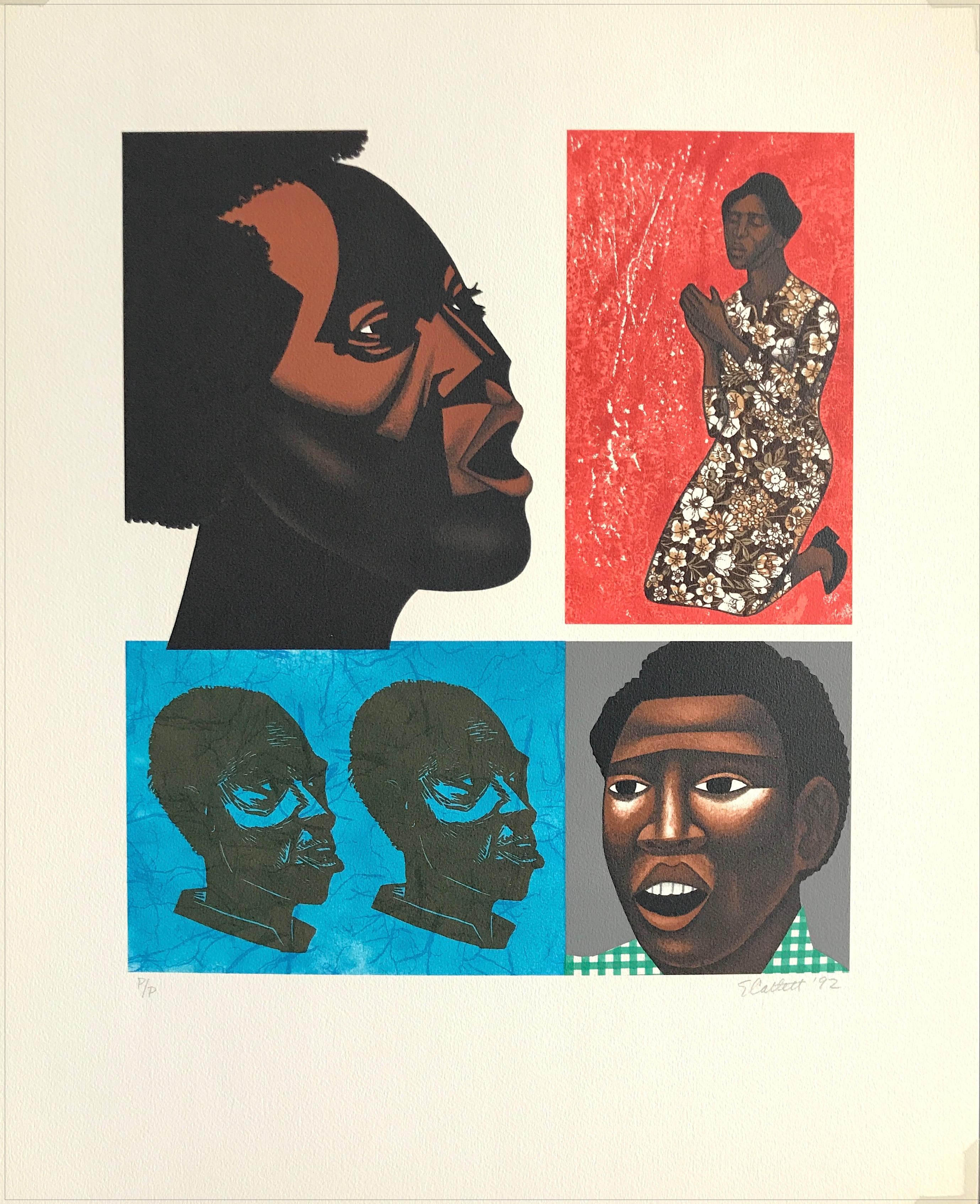 SINGING THE THEIR SONGS Litografia firmata, ritratto grafico di teste, cultura nera - Print di Elizabeth Catlett