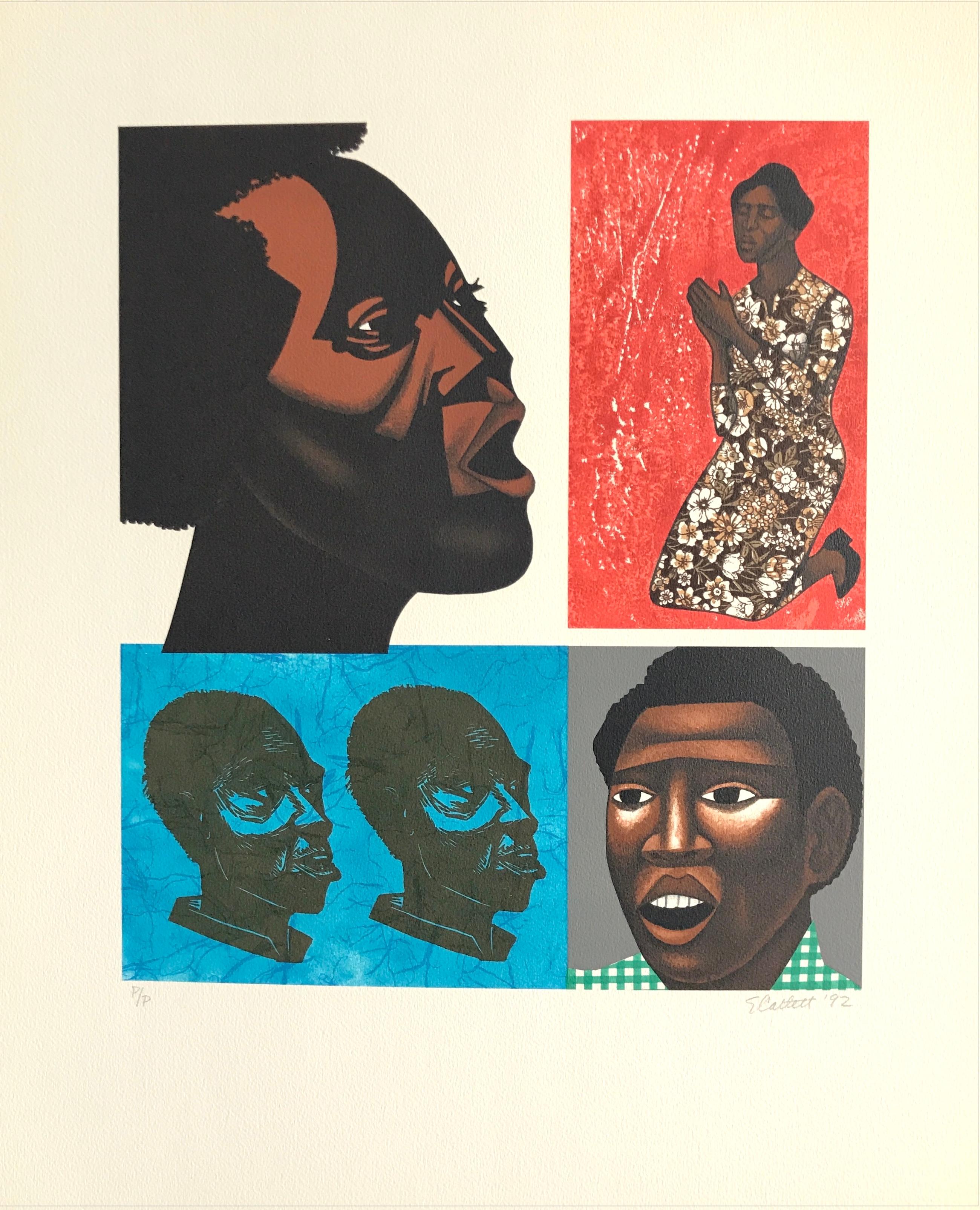 Lithographie signée, têtes de portraits graphiques, culture noire - Print de Elizabeth Catlett