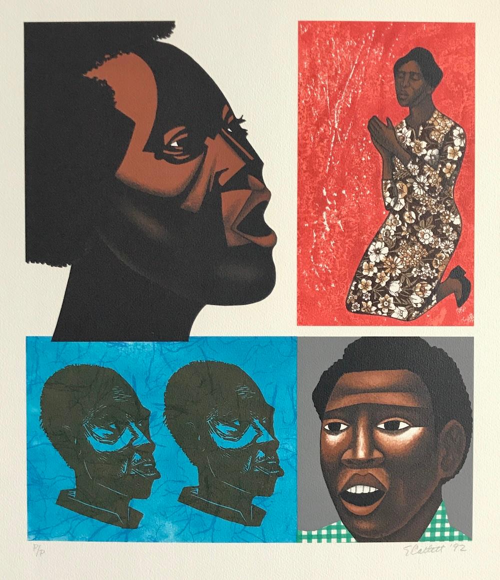 Figurative Print di Elizabeth Catlett - SINGING THE THEIR SONGS Litografia firmata, ritratto grafico di teste, cultura nera